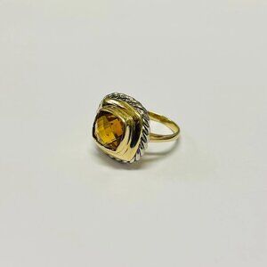 14K Italy Two Tone Gold Faceted Cushion Cut Citrine Ring, Size 6 1/4